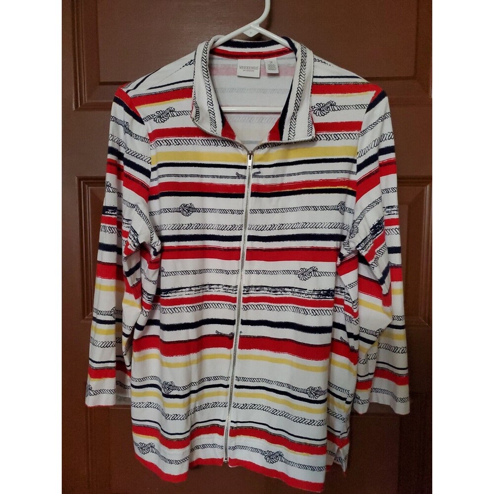 Weekends by Chico's Zip Front Cotton Jacket 2 Large Print Stripes